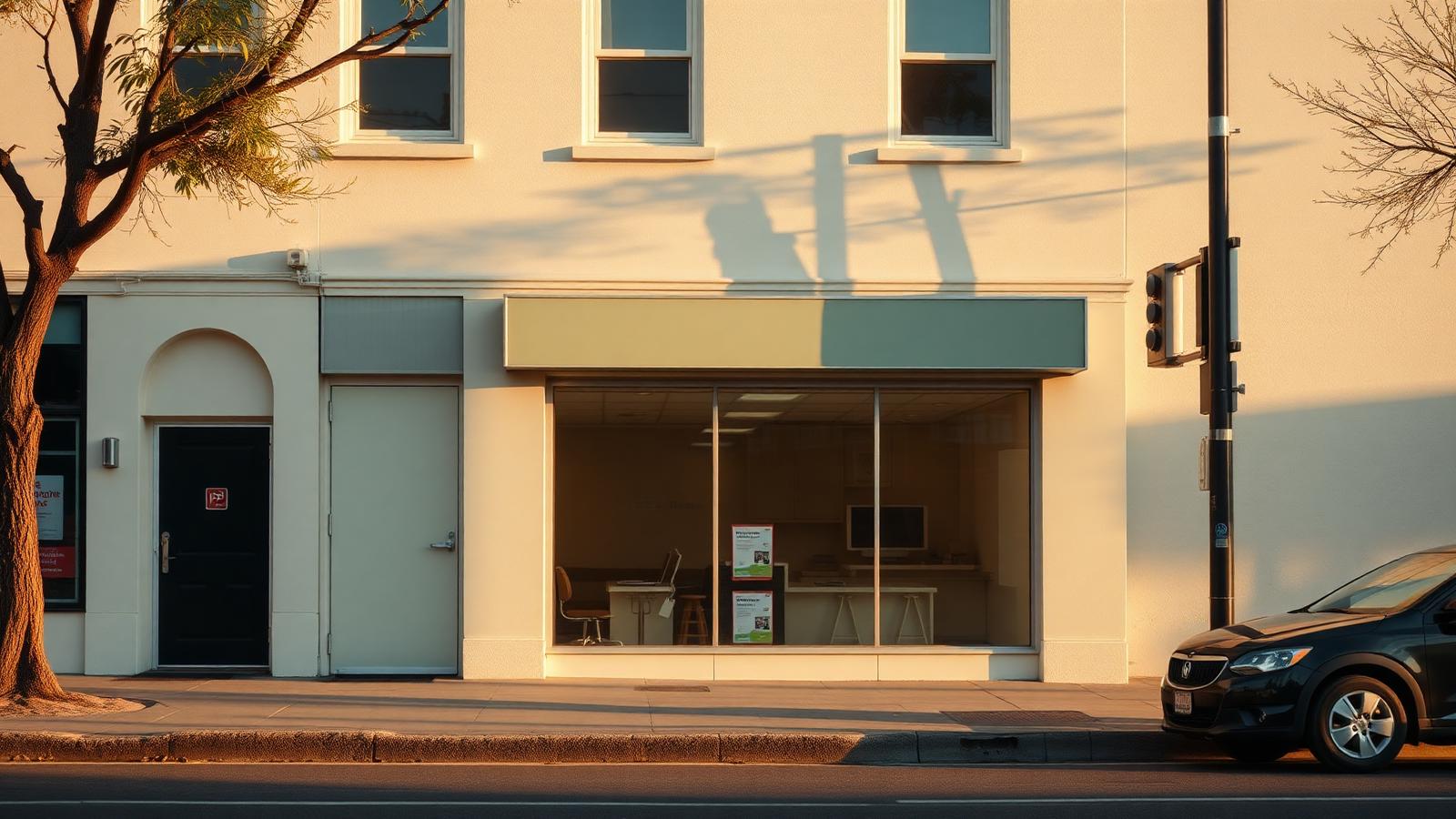 A modest tribal-owned storefront on a quiet main street at golden hour, warm cream tones.