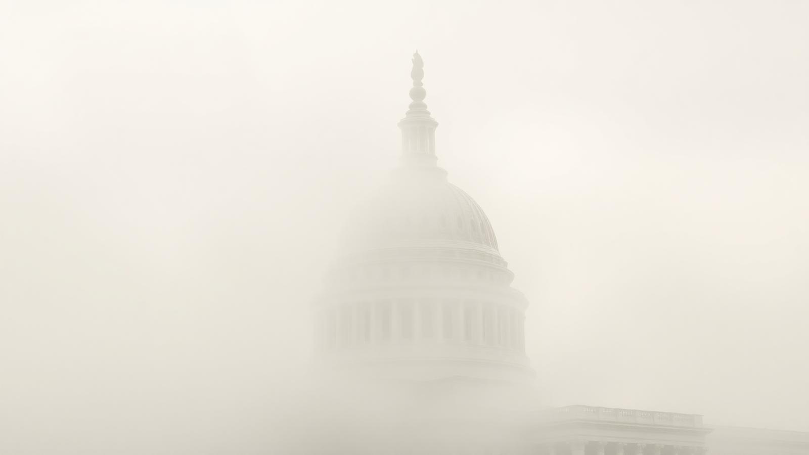 The U.S. Capitol dome partially obscured by soft morning fog, muted cream and sage palette.