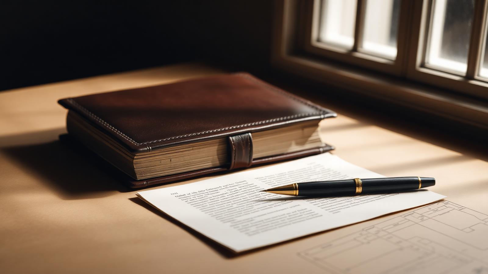 A leather-bound legal book and a fountain pen on a warm cream desk lit by soft window light.
