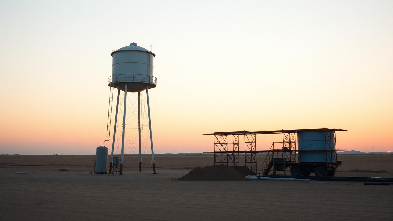 A community water tower and water main construction on an open plain at golden hour.