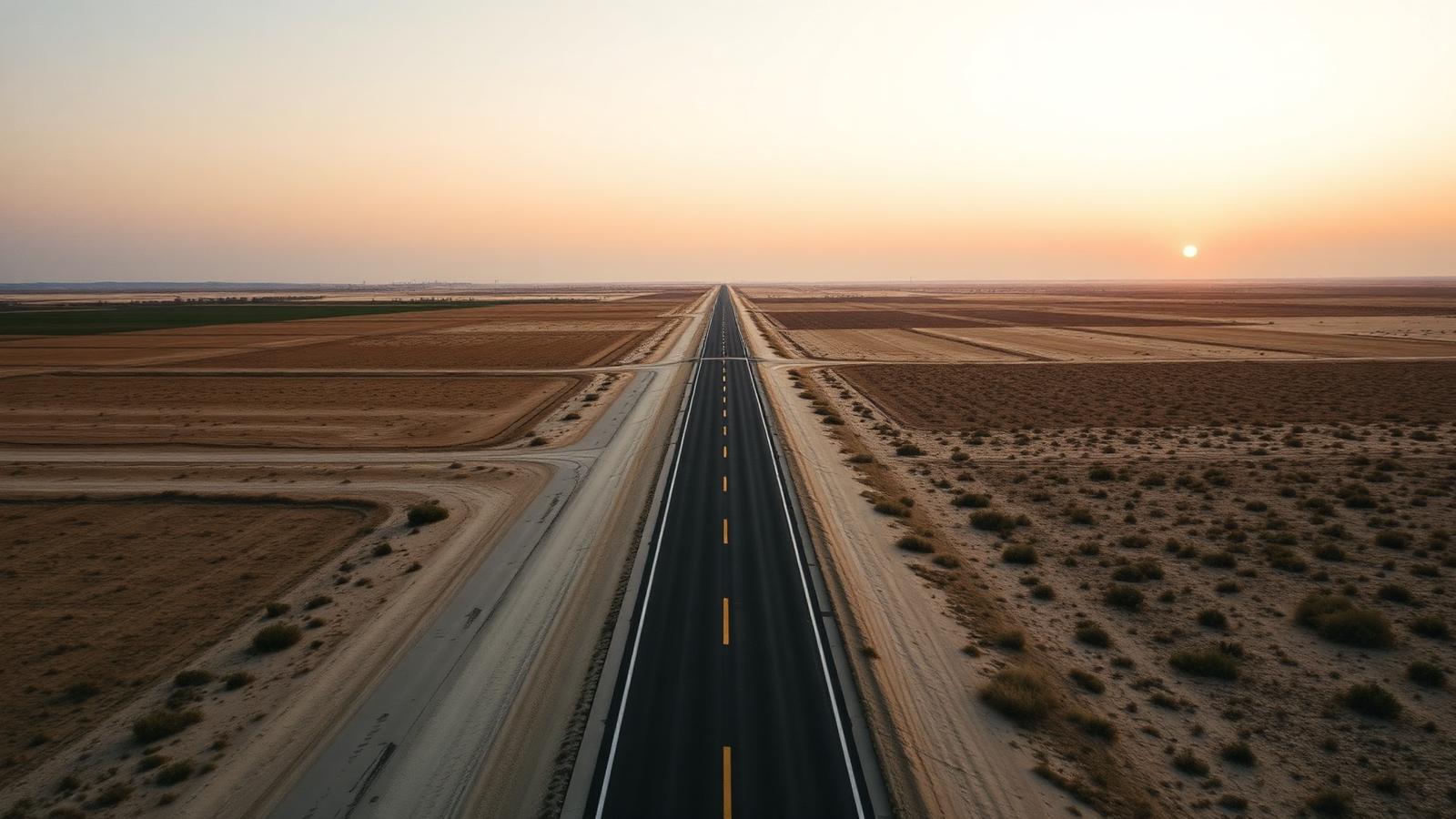 Aerial view of a long straight road crossing open prairie at sunrise.
