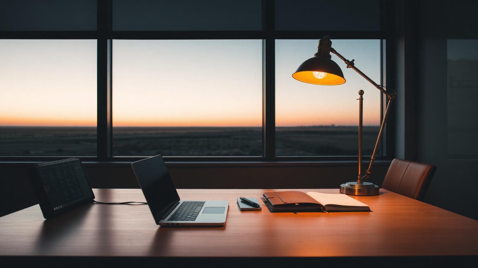 A quiet professional office at dusk with a desk lamp glowing over a laptop and notebook, prairie horizon visible through the window.